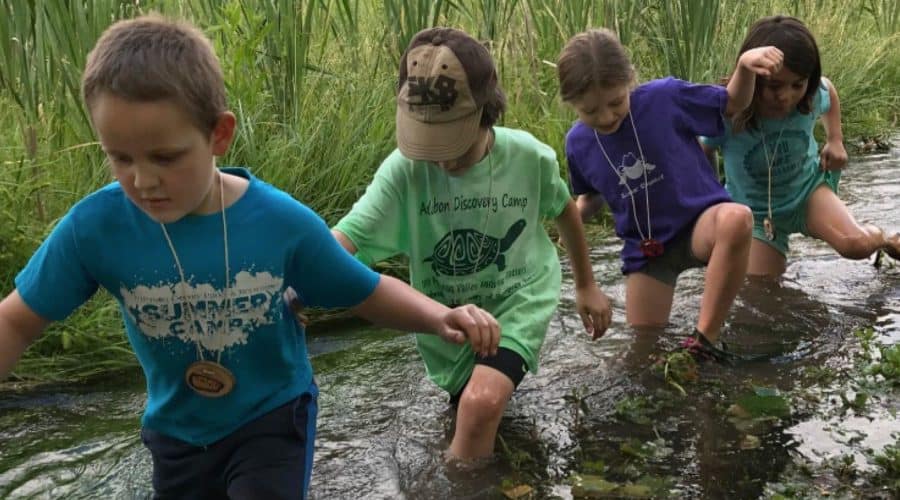 Camp kids wading in creek